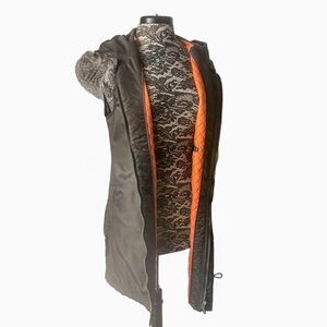 Anoarak Long Line Hooded Vest Removable Fur Trim Olive Green Large